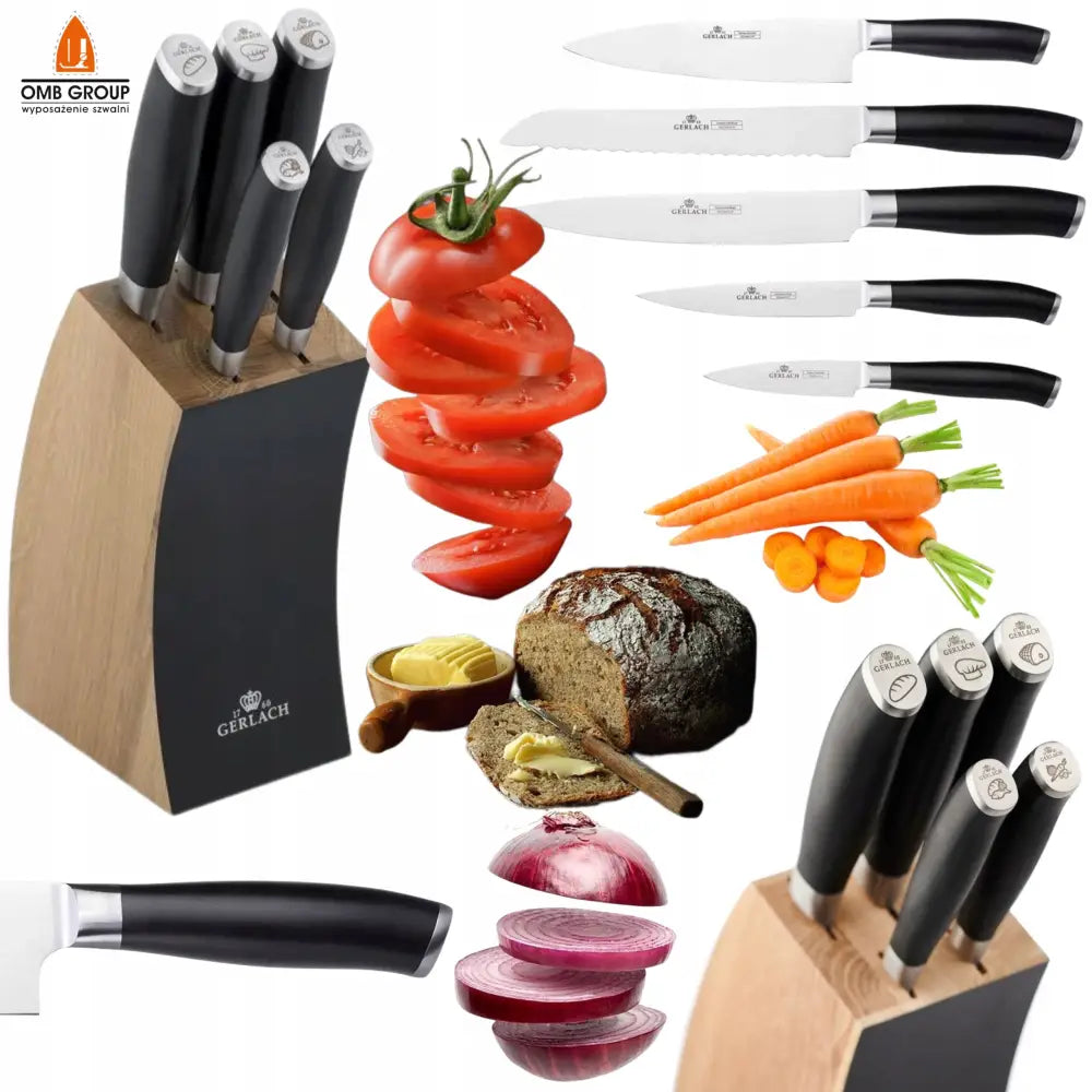 Knivsett Gerlach Deco Black i treblokk, fem kniver med svarte håndtak, vist med grønnsaker, brød og smør.