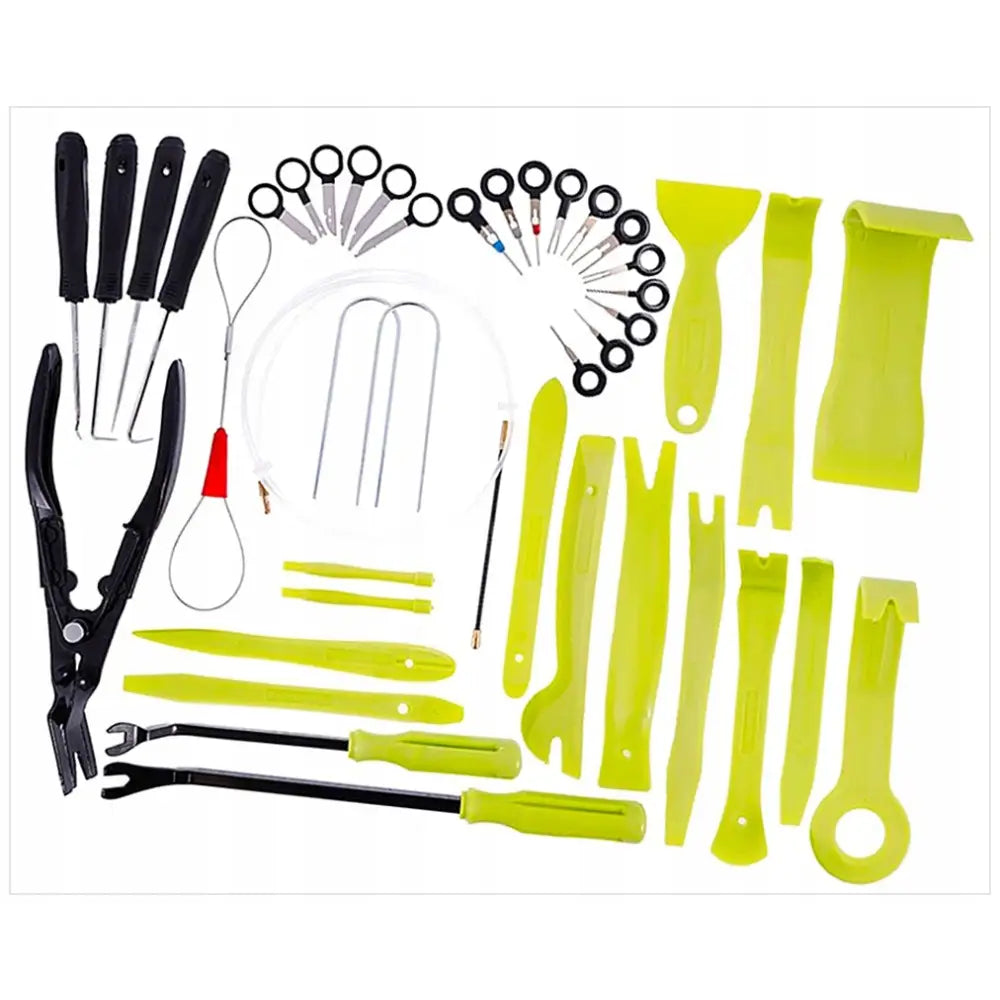 Sett med avtrekkere for trekk, 42 deler arrangert oversiktlig med lysegule og svarte verktøy på hvit bakgrunn.
