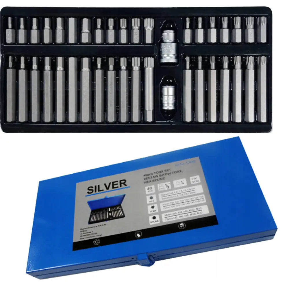 Sett med bits, nøkler og piper i sort innsats, komplett med blå metallkoffert og synlig produktetikett.