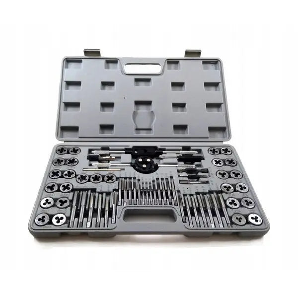 Sett med gjengetapper og gjengebakker, 60 deler i grå koffert, oversiktsbilde med systematisk inndeling.