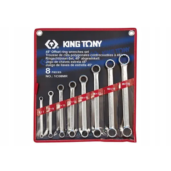 Sett med åtte kromfargede ringnøkler i sort og rød lomme, ordnet etter størrelse, sett forfra.