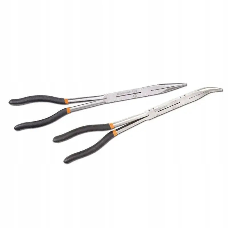 Sett med halvrunde tenger, én rett og én buet, sølvfarget metall med svarte håndtak og oransje detaljer.