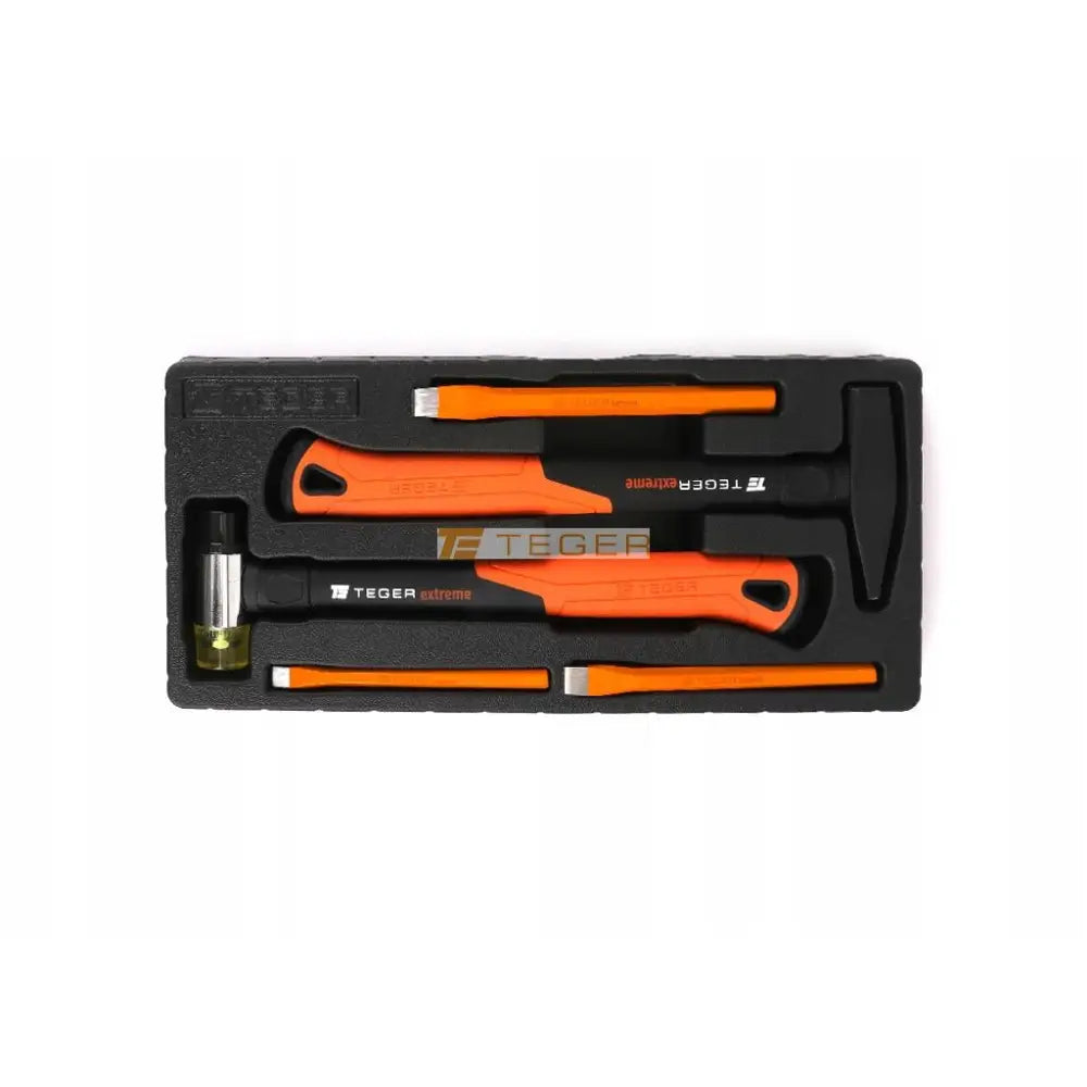 Sett med hammere og meisler Extreme, fem deler organisert i sort og oransje innlegg, sett ovenfra mot hvit bakgrunn.