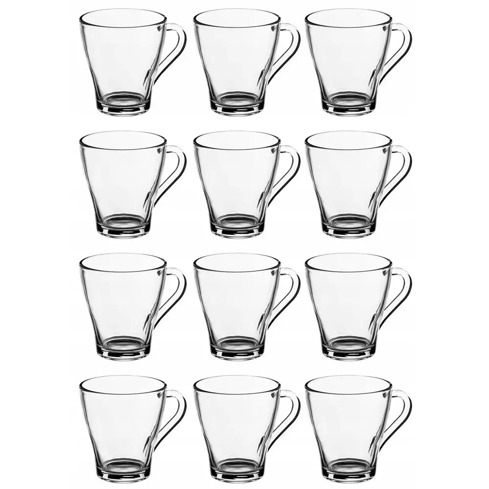 Sett med hankglass, tolv gjennomsiktige glasskrus med håndtak arrangert i fire rader mot hvit bakgrunn.