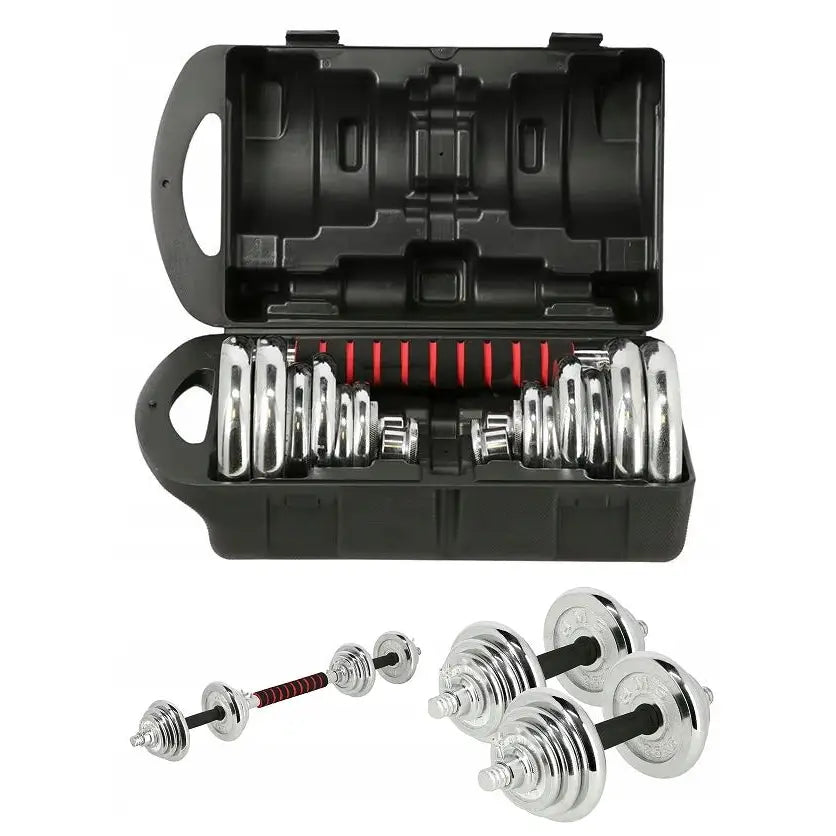 Sett med justerbare manualer og vektstang, nærbilde av kromfargede vektskiver i åpen svart koffert.