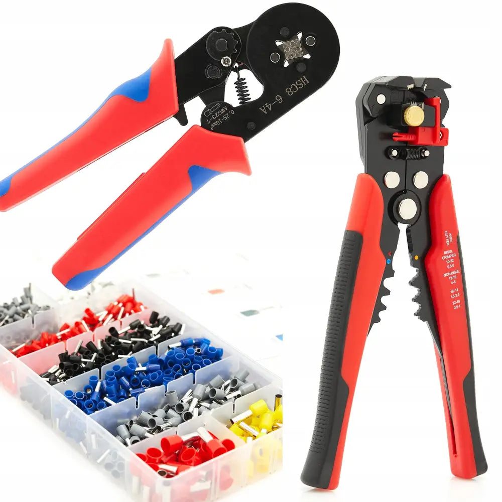 Sett med krimpetang og isolasjonsstripper, med sortimentsboks kabelsko i flere farger, side- og frontvisning.