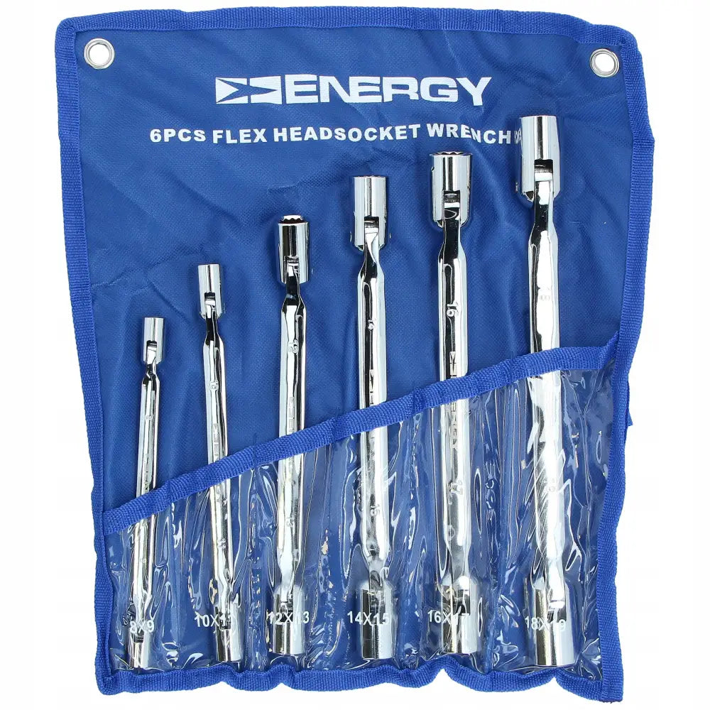 Sett med seks blanke leddnøkler i blått etui med gjennomsiktige lommer og hvit tekst øverst.