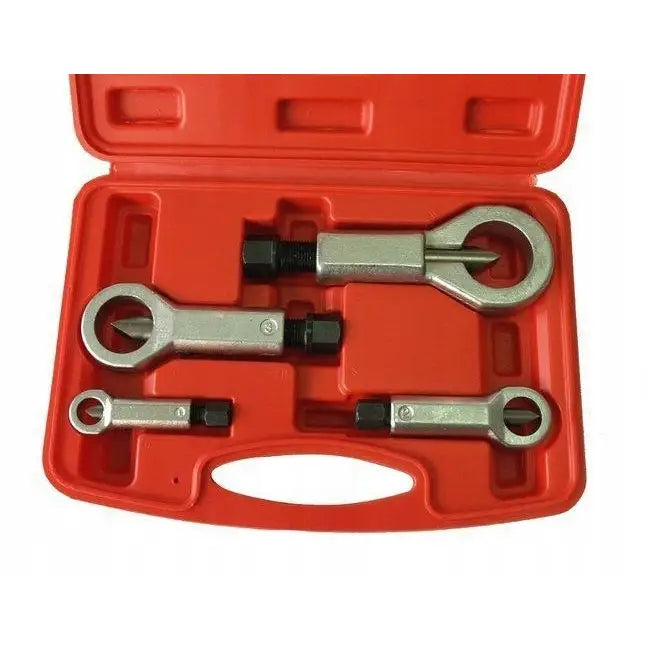 Sett med muttertrekkere 0-37 mm, fire metallverktøy med ringhoder i rød plastkoffert sett ovenfra.