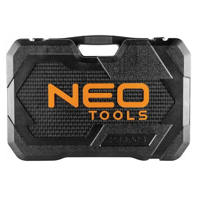 Sett med piper og nøkler, sort hardplastkoffert med oransje logo, strukturert overflate og tydelig "233 PCS"-merke.