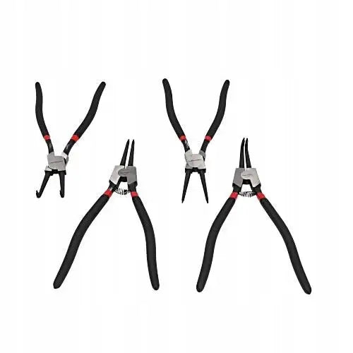 Sett med runde seegerringtenger, fire ulike tenger med sorte håndtak og røde detaljer på hvit bakgrunn.