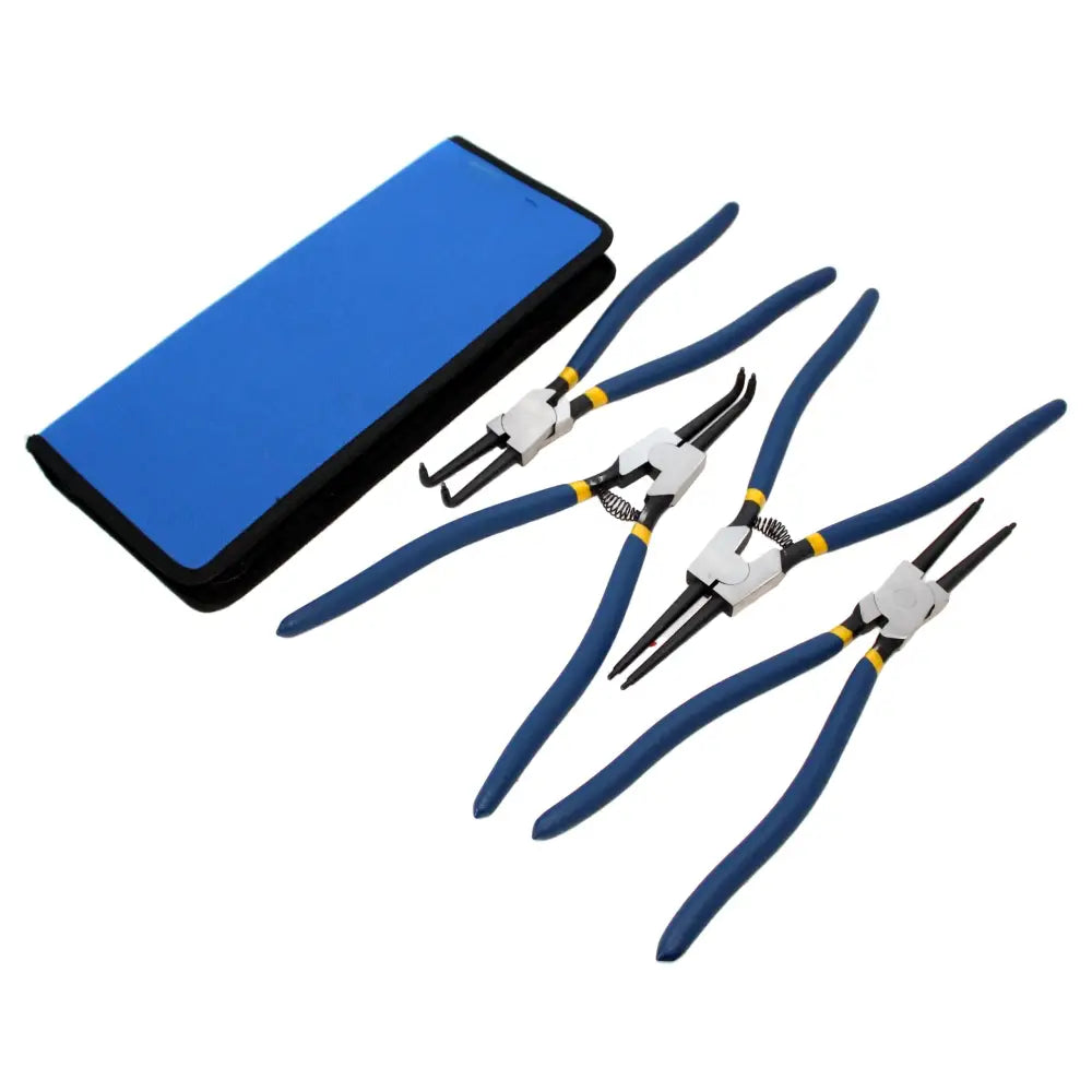 Sett med fire seger-tenger med blå håndtak og gule detaljer, lagt ut ved siden av blått etui mot hvit bakgrunn.