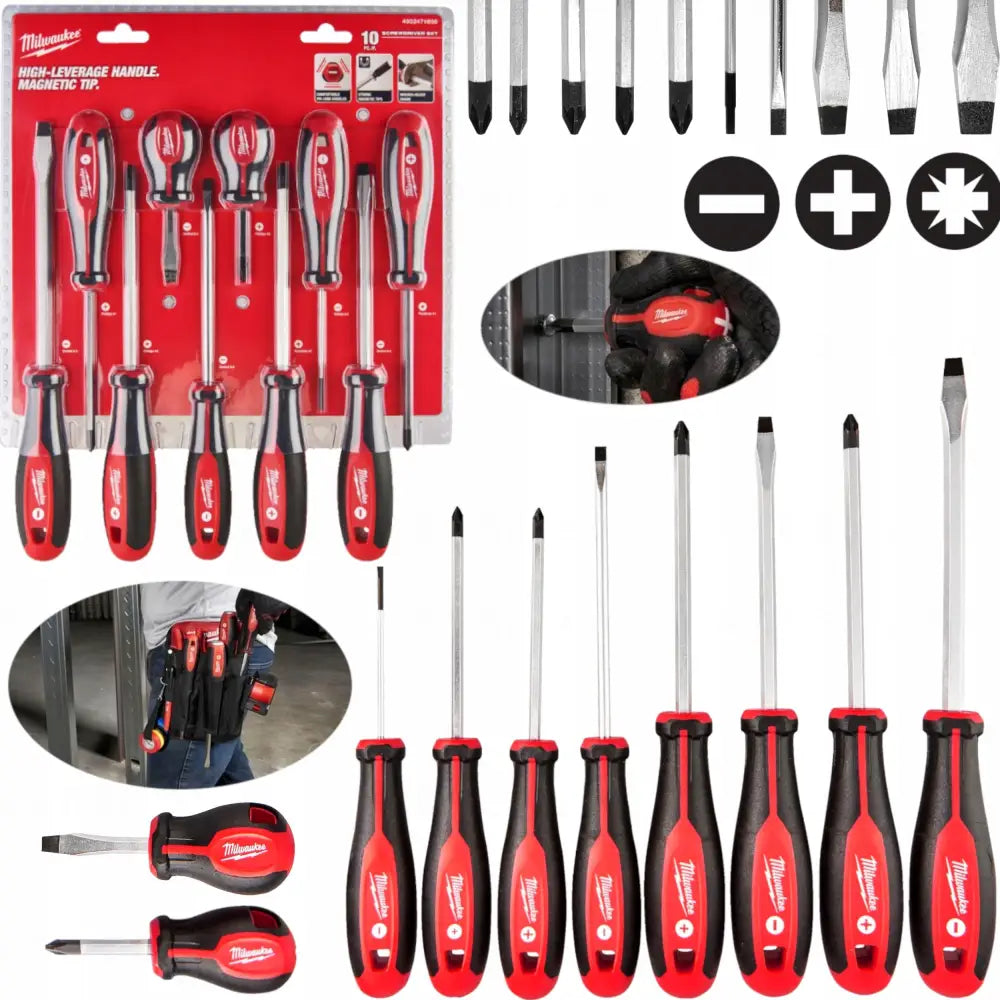 Sett med skrutrekkere fra Milwaukee, ti deler med svarte og røde håndtak, nærbilde av spisser og emballasje.