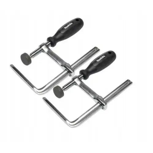 Sett med skrutvingeklemme for føringsskinne, to metalltvinger med sorte håndtak og justerbare skruknotter.