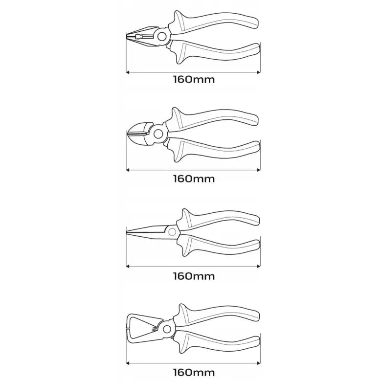 Fire ulike tenger fra settet, detaljert sidevisning som fremhever konturer og 160 mm lengde på hver.