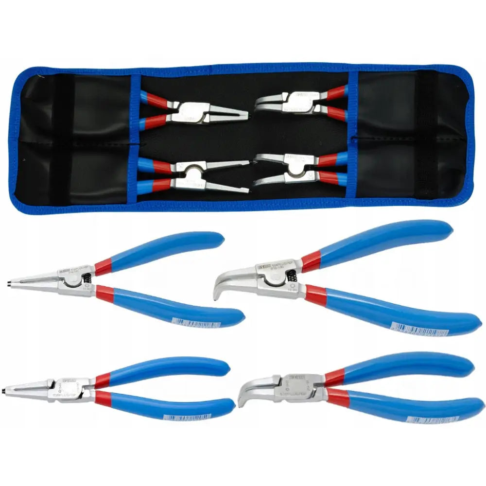 Sett med fire Seeger-ring tenger med blå og røde håndtak, arrangert foran sort og blå oppbevaringsmappe.