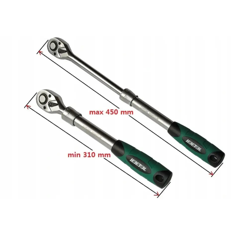 Sett med teleskopiske ratchetnøkler, to størrelser med sorte og grønne håndtak, vist i full lengde fra siden.