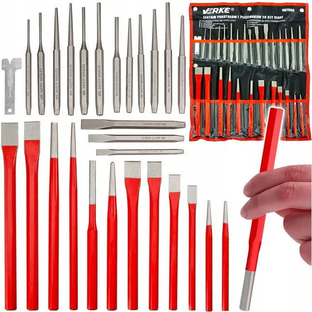 Sett med utstøtere, stifter og senterpunkter i metall med røde håndtak, hånd holder verktøy, mappe synlig.