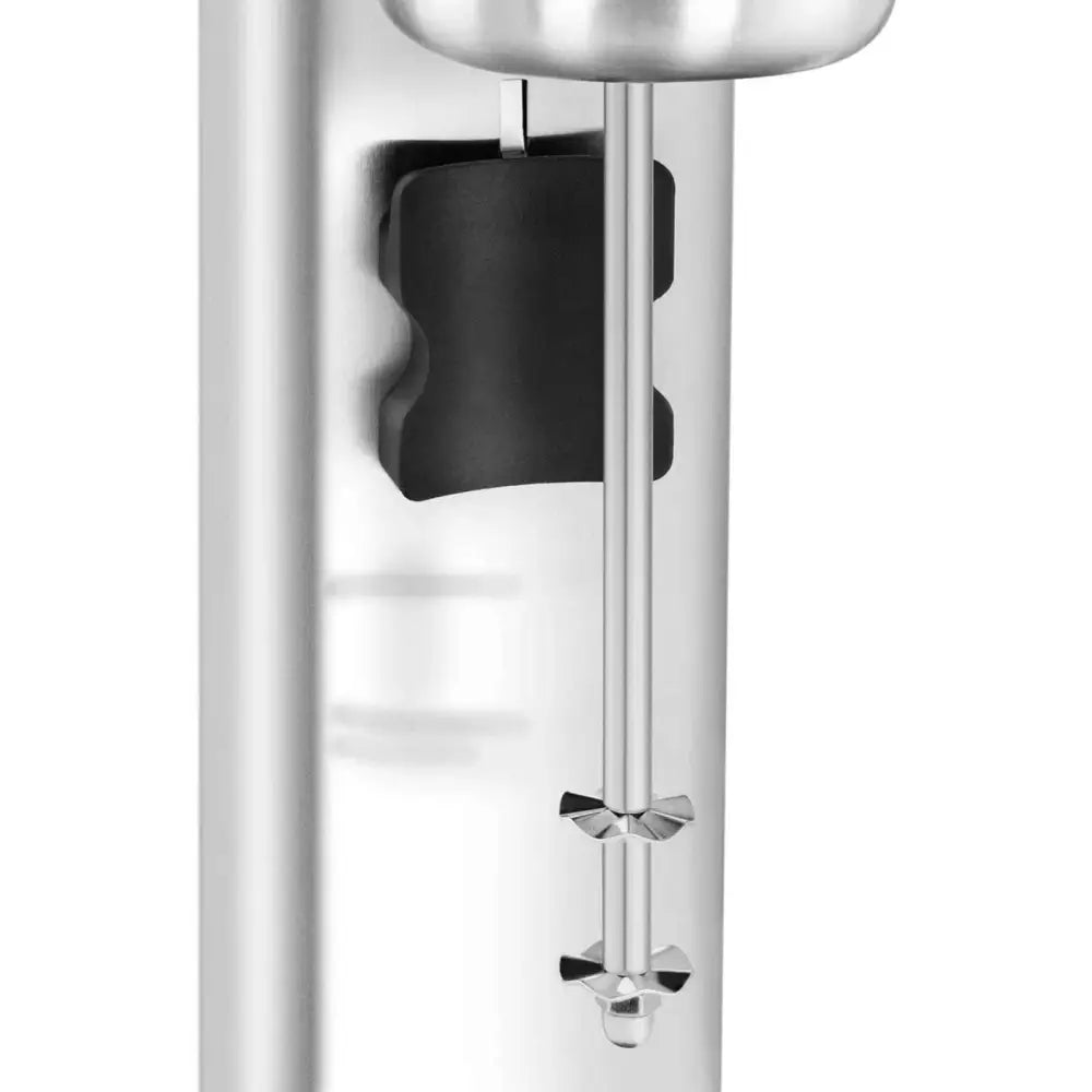 Shaker mikser, nærbilde av blank rustfri ståloverflate med sort håndtak og kryssformede muttere på metallstang.