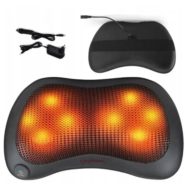 Shiatsu massasjepute i sort plast, frontvisning med synlige varmeelementer bak nettingstoff og strømledning.