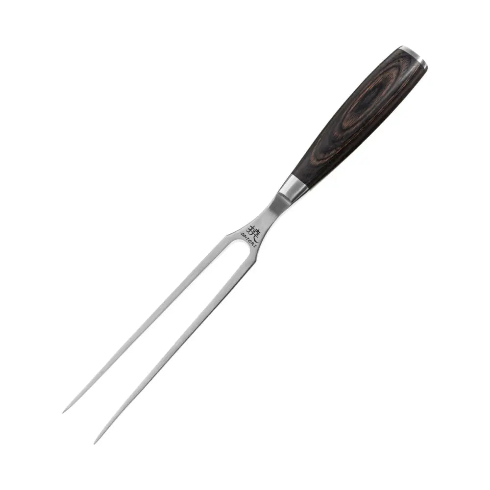 Shiori kjøttgaffel i rustfritt stål med to spisse tenner og mørkt treskaft, sett ovenfra mot hvit bakgrunn.