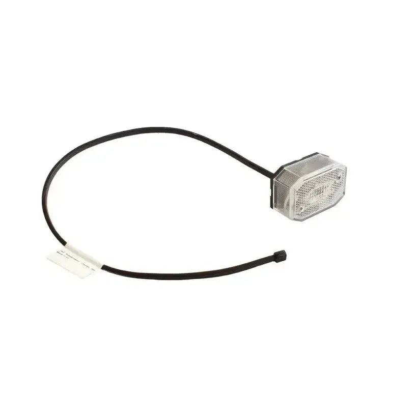 Sidemarkeringslykt Flexipoint hvit, sidevisning med transparent refleks og svart kabel med etikett mot hvit bakgrunn.