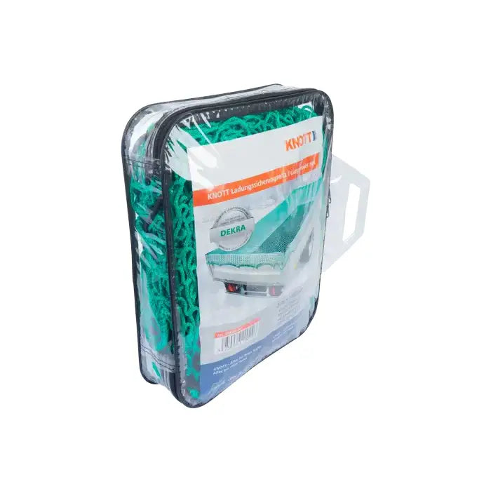 Sikkerhetsnett for tilhenger 1,5 x 2,7 m, grønt nett i plastetui med svart kant og bærehåndtak.