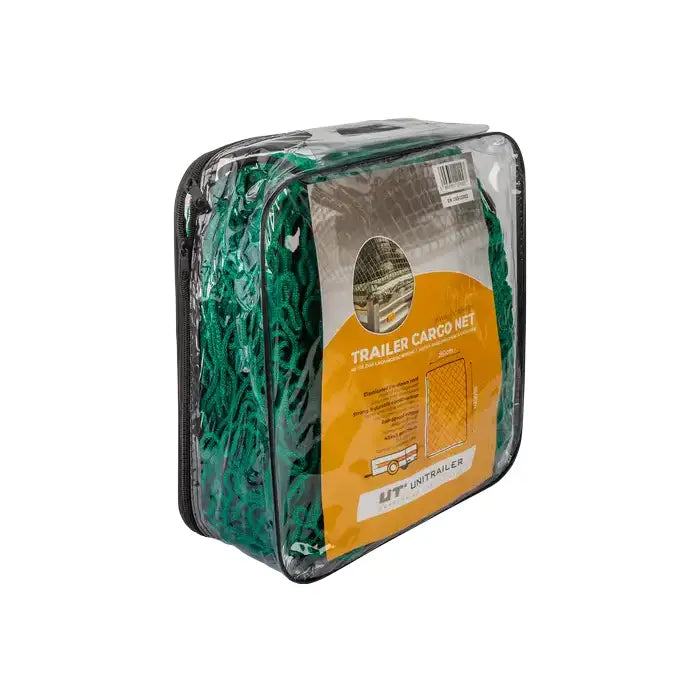 Sikkerhetsnett for tilhengere, grønt sammenbrettet i plastveske med oransje og hvit frontetikett.