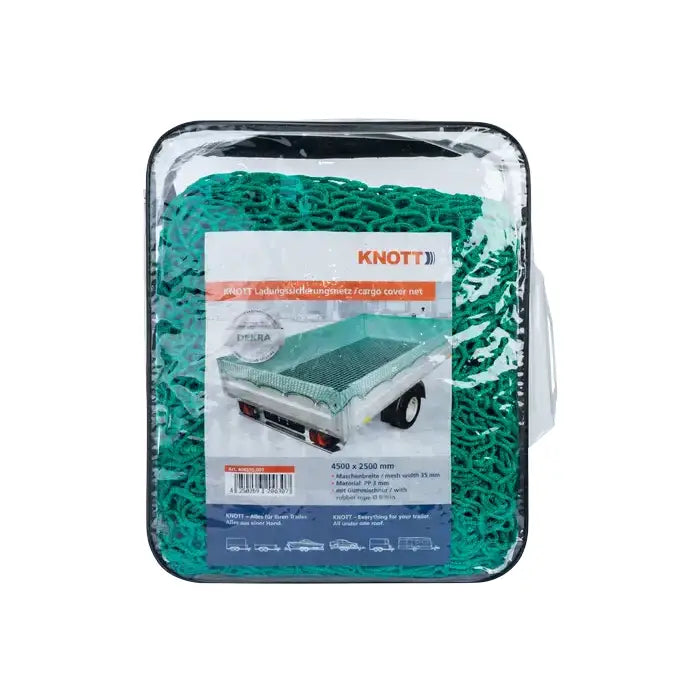 Sikkerhetsnett for tilhenger, grønt nett sammenfoldet i plasteske med produktinformasjon på forsiden.