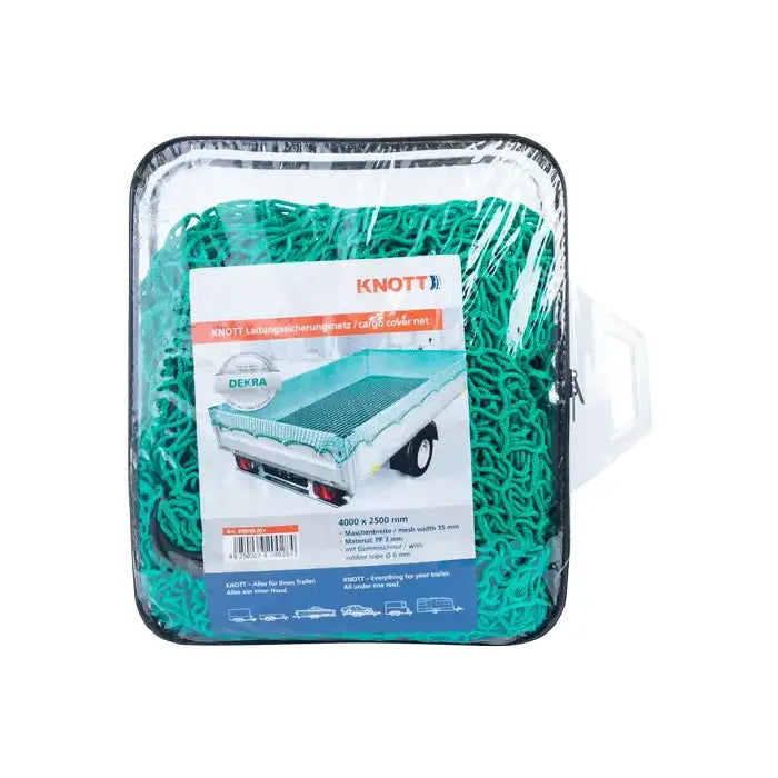 Sikkerhetsnett for tilhenger, grønt plastnett sammenpakket i gjennomsiktig veske med etikett foran.