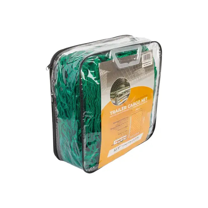 Sikkerhetsnett for tilhenger, grønt nett sammenpakket i plastveske med oransje og hvit etikett.