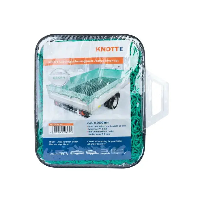 Sikkerhetsnett for tilhenger, grønt nett i plastetui med håndtak og synlig produktinformasjon foran.