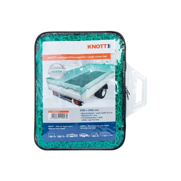 Sikkerhetsnett for tilhengere 2 x 3,5 m, grønt nett i klar bæreveske med synlig produktetikett.