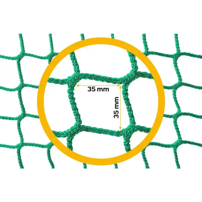 Sikkerhetsnett for tilhenger, nærbilde av grønt nett med firkantede masker, gul sirkel markerer maskestørrelse.