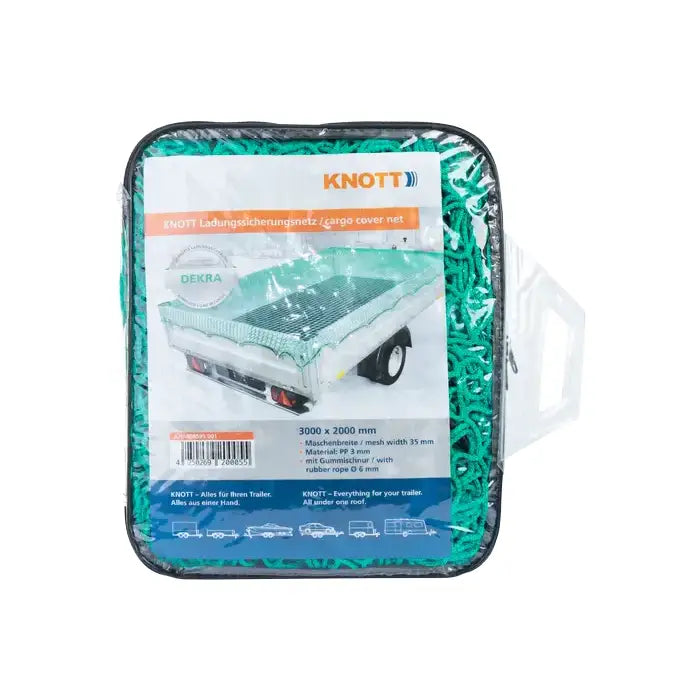 Sikkerhetsnett for tilhenger, grønt lastenett i plastveske med glidelås og informasjonsark synlig foran.