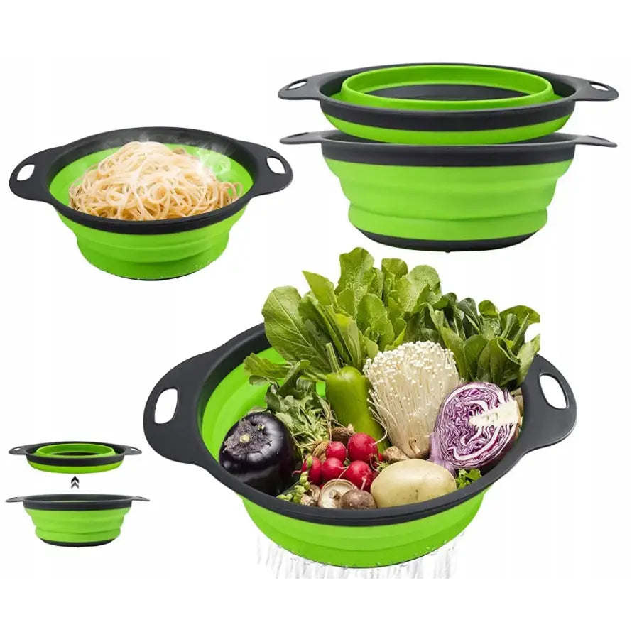 Silikon sammenleggbare dørslag i grønt og svart, fylt med grønnsaker og pasta, vises i ulike størrelser.