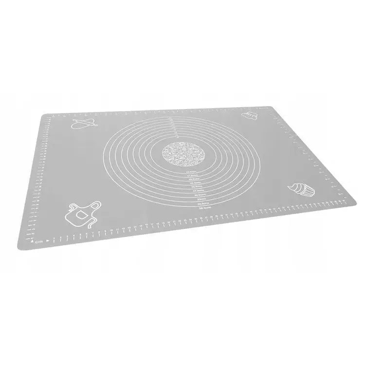 Silikonbakematte 64x45 cm, grå med hvite målelinjer, sirkler og illustrasjoner av baketilbehør.