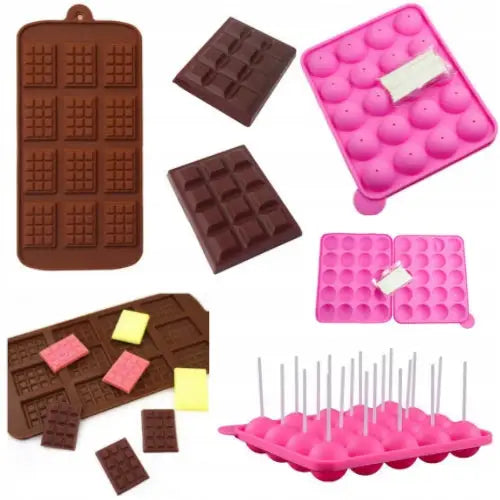 Silikonform for cake pops og iskrem, brun og rosa med sjokoladeplate- og runde former samt bakepinner.