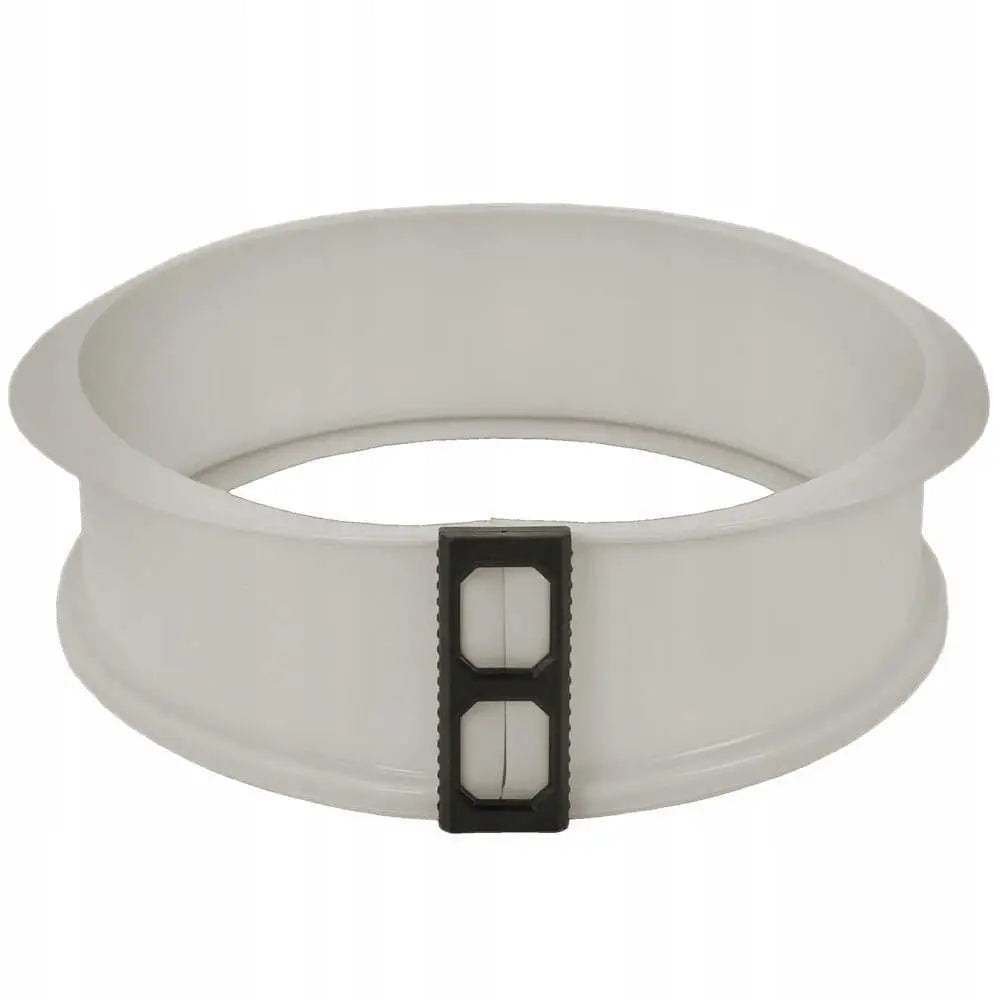 Silikonform for kake og brød, rund og hvit med sort låsemekanisme, glatt overflate og utbøyd kant.