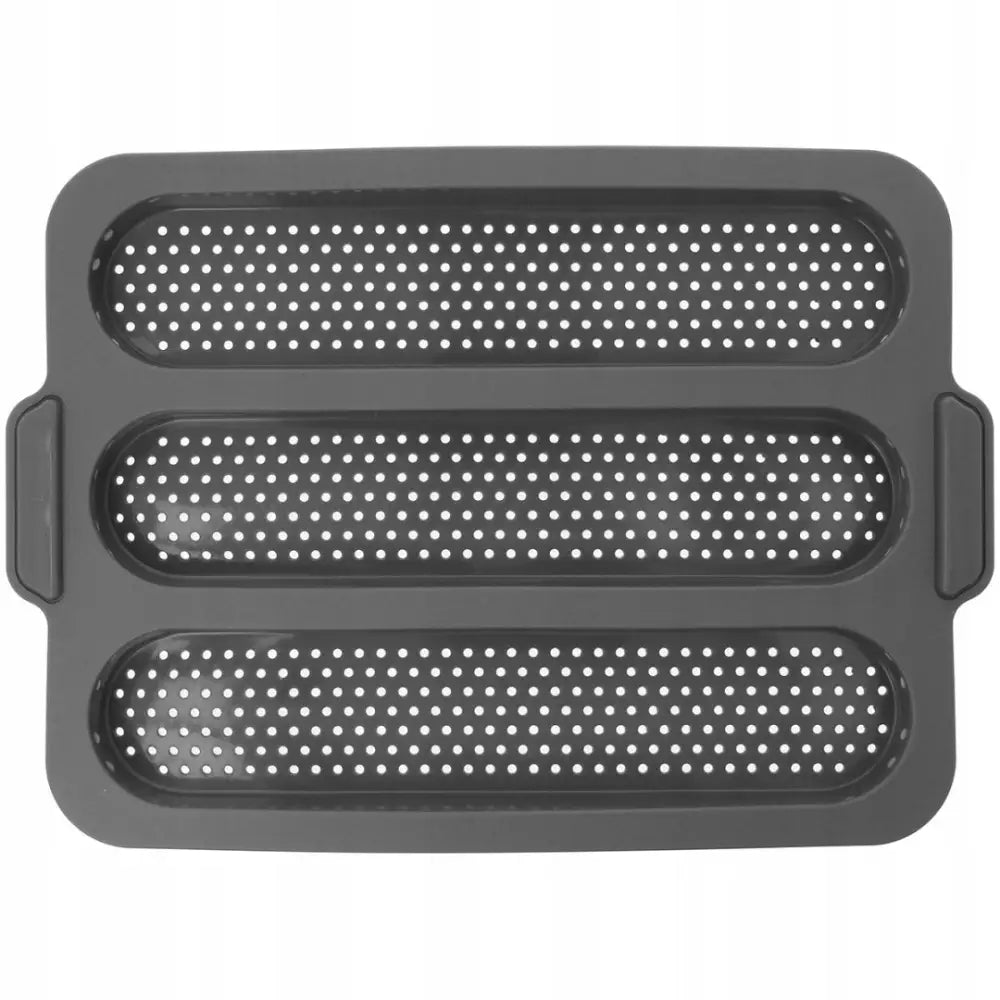 Silikonform for steking av baguetter, sett ovenfra med tre perforerte rader og praktiske sidehåndtak.