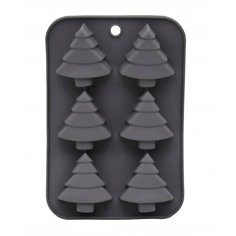 Silikonform for juletre-kaker, seks juletrær med avrundede former, sett ovenfra, mørkegrå farge.