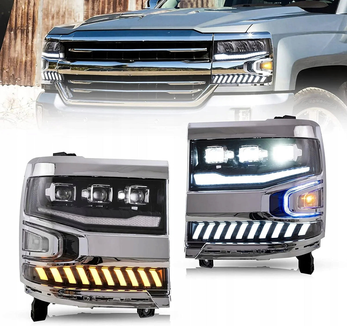 Silverado-frontlykter med tente DRL-striper og prosjektorlinser.