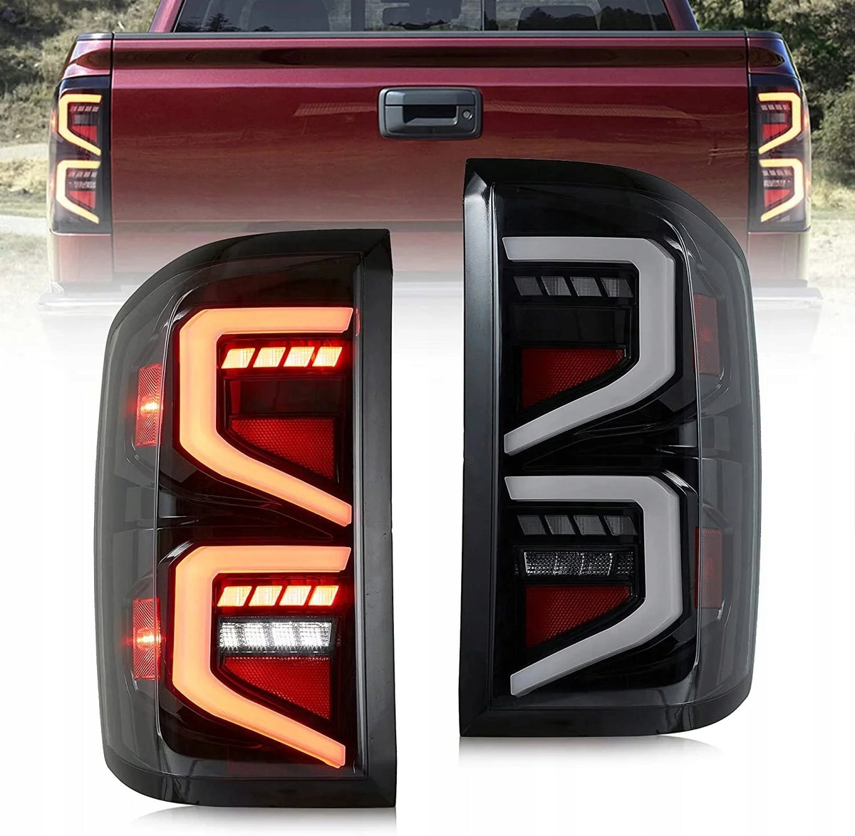 Baklykter Chevrolet Silverado 14-19 i svart med C-formede LED-linjer, rød pickup.