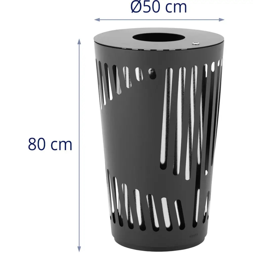 Sirkulær utendørs mørkegrå jernsøppelkurv, frontvisning med synlige mål 80 cm høy og 50 cm i diameter.
