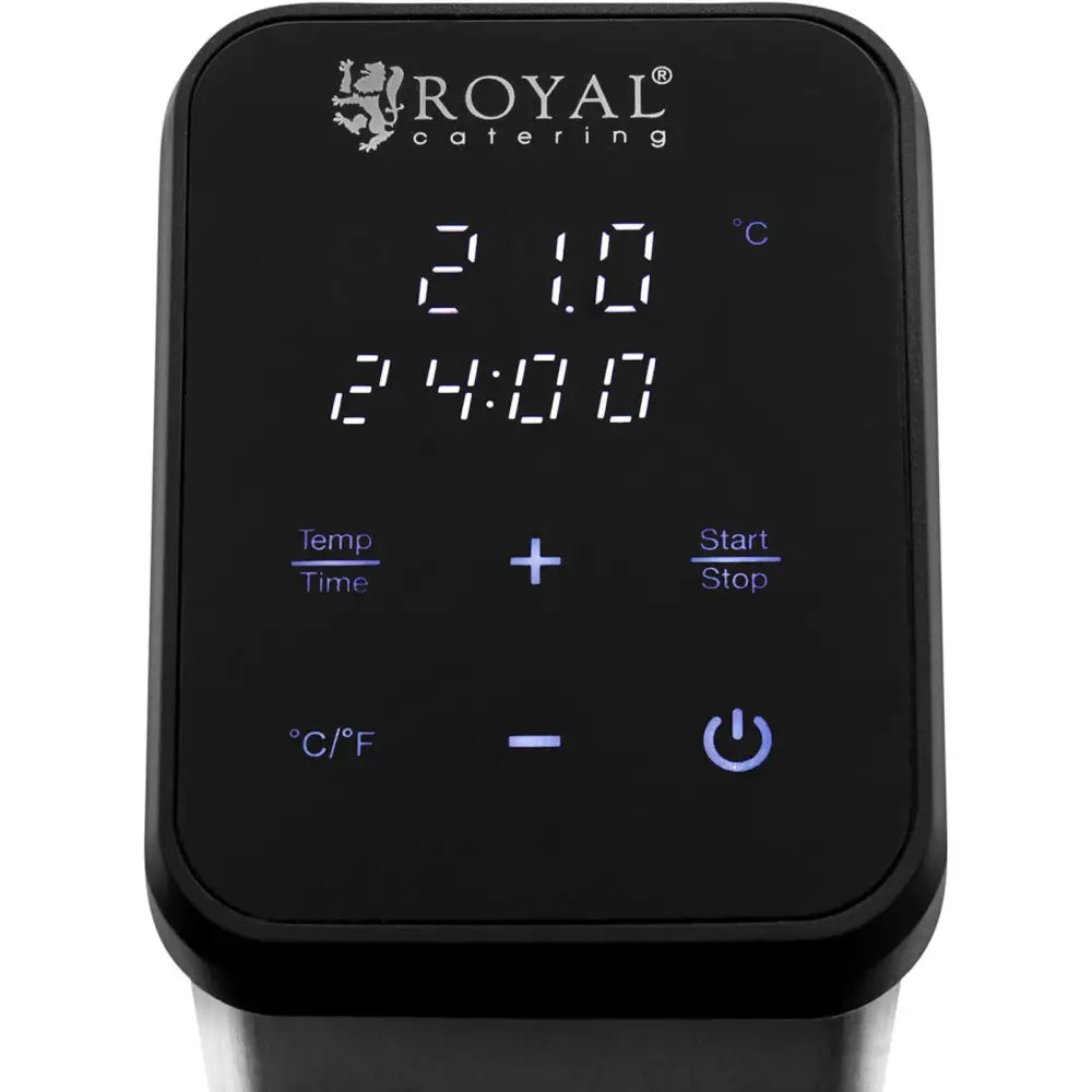 Sirkulasjonspumpe sous-vide, frontvisning av digitalt kontrollpanel med hvit LED-skjerm og berøringsknapper.