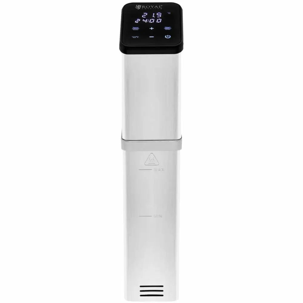 Sirkulasjonspumpe for sous-vide, frontvisning med digitalt display og tydelige vannivåmarkeringer.