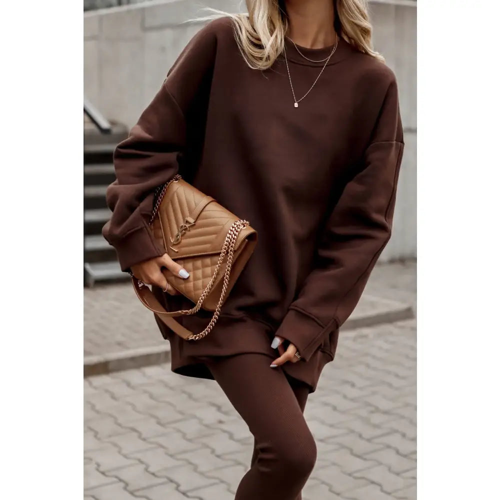 Sjokoladebrun Joggedress med Lang Hettegenser + Leggings
