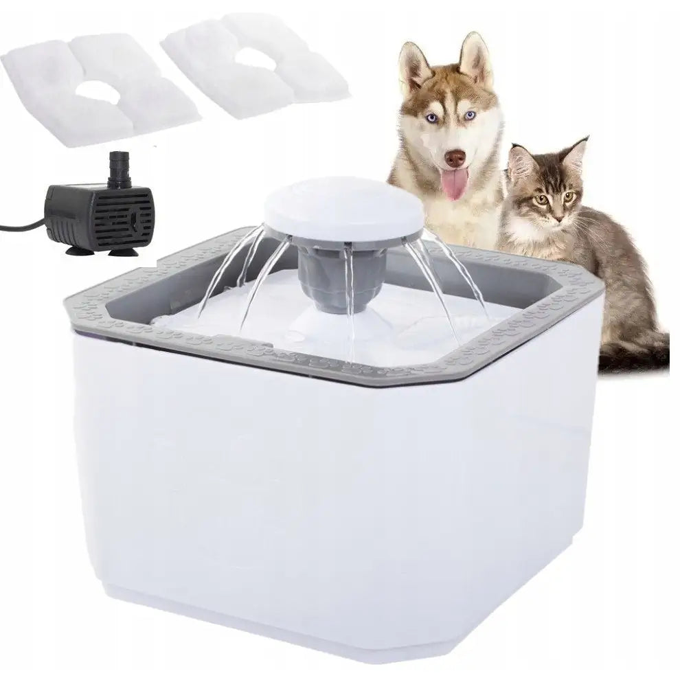 Skål Drikkefontene 2,5L for katt og hund, hvit plastfontene med synlige vannstråler og inkludert tilbehør.