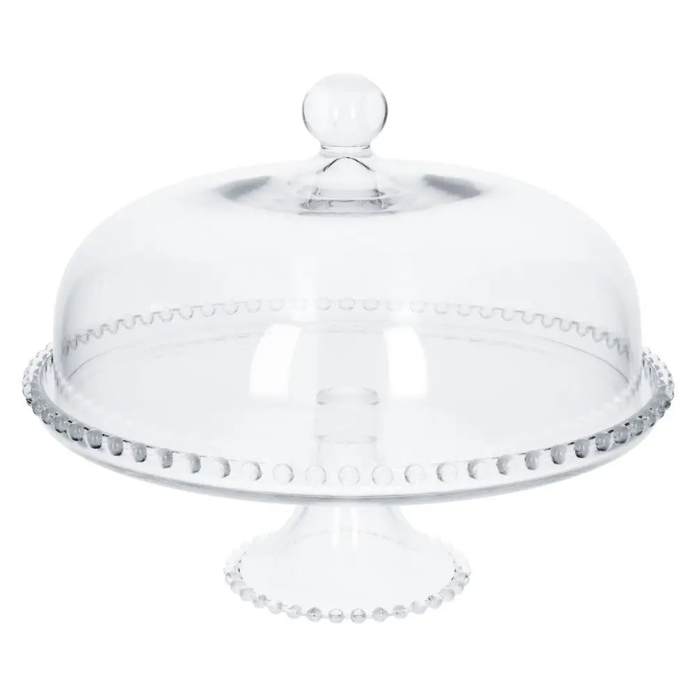 Skåldeksellampe Jasło, rundt glassfat med lokk, dekorert med små glasskuler langs kantene.