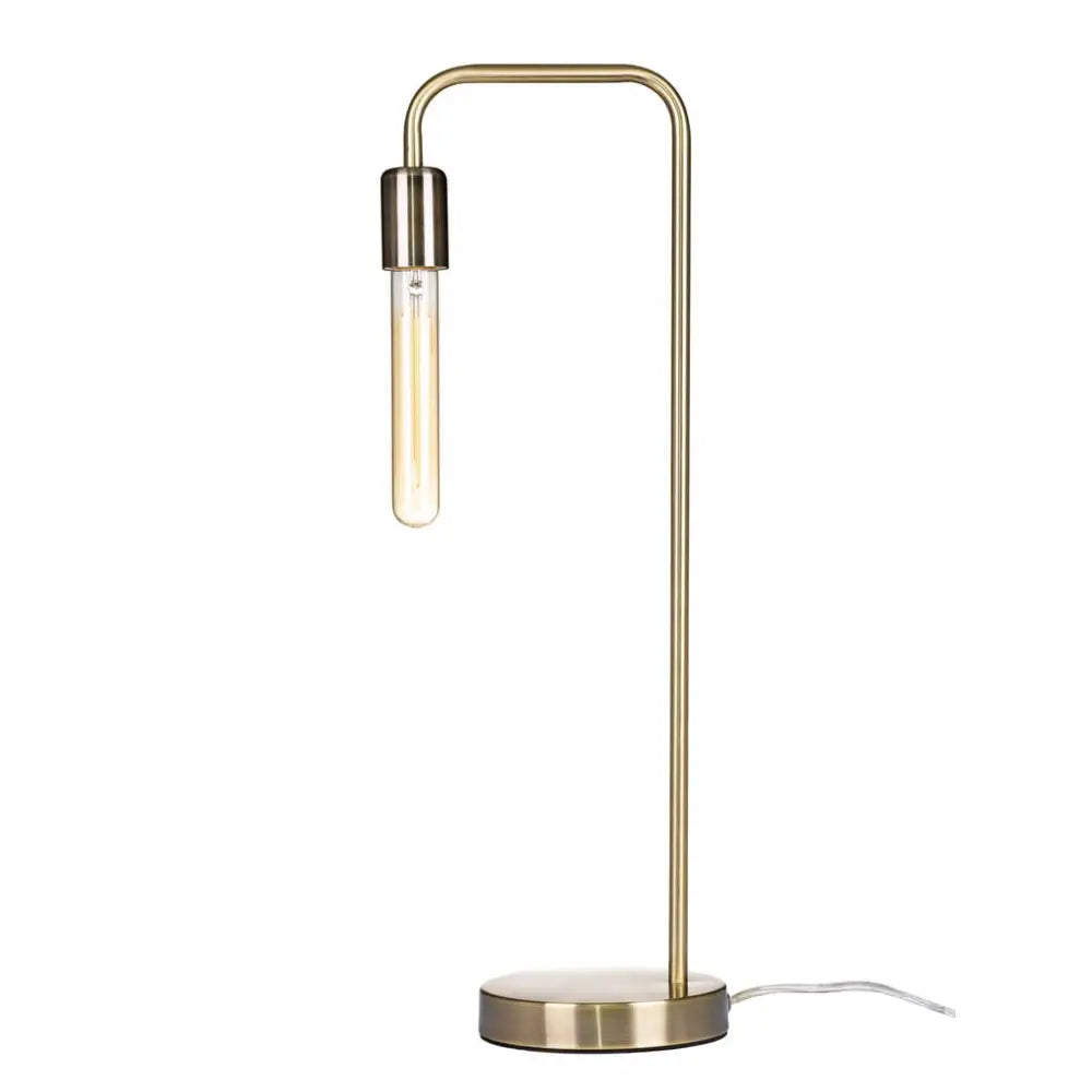 Skandinavisk nattlampe i antikk gull, profilbilde som viser børstet messingfinish og sylinderformet lyspære.