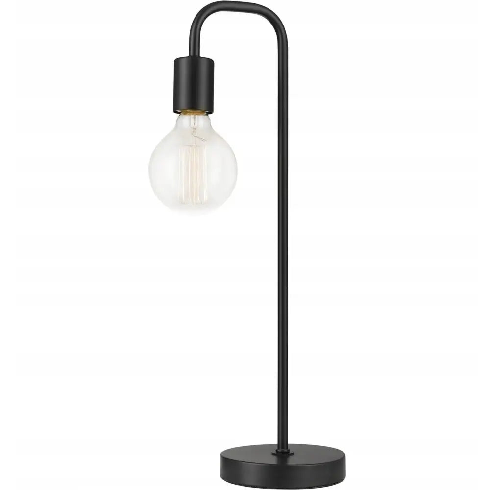 Skandinavisk svart nattbordlampe med sort metallbase, bøyd stang og synlig klar lyspære, frontvisning.